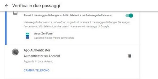 Schermata con secondo passaggio di google authenticator