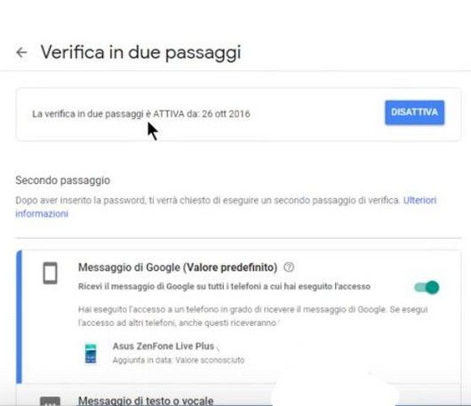 schermata di verifca in due passaggi